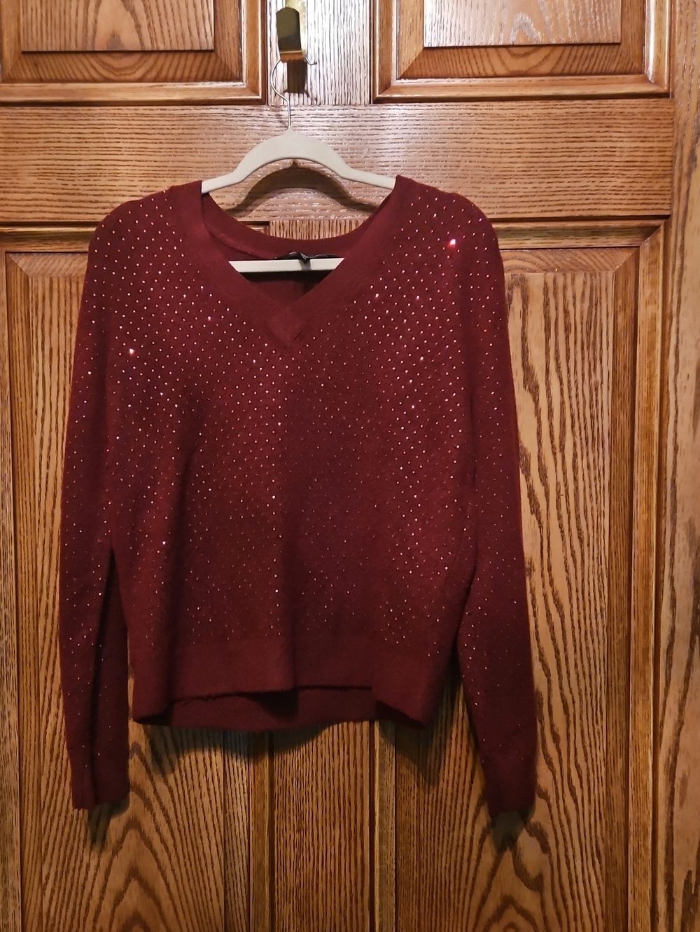 White House Black Market Burgundy V-Neck Sweater with Sparkle